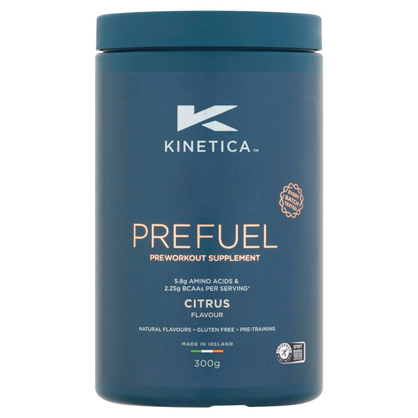 Kinetica Sports Prefuel Pre Workout -Citrus Flavour | 5.7g Amino Acids Blend 2.2g BCAA's & 92mg Caffeine/Serve 30 Servings/300g| With Essential Vitamins Minerals|Supports Performance & Energy Boost