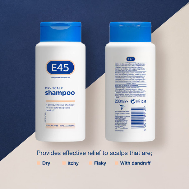 E45 Dry Scalp Shampoo for Very Dry Itchy and Flaky Scalp - Anti Dandruff Shampoo with hydrating Vitamin B5 – Free from fragrance soap and perfume 200m