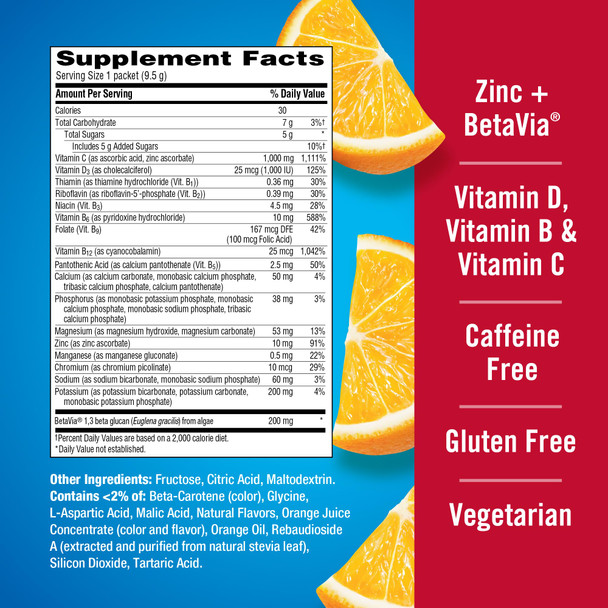Emergen-C Immune+ Triple Action Immune Support Powder BetaVia (R) 1000mg Vitamin C B Vitamins Vitamin D and Antioxidants, Super Orange – 50 Count