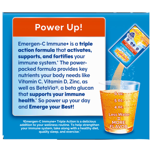 Emergen-C Immune+ Triple Action Immune Support Powder BetaVia (R) 1000mg Vitamin C B Vitamins Vitamin D and Antioxidants, Super Orange – 50 Count