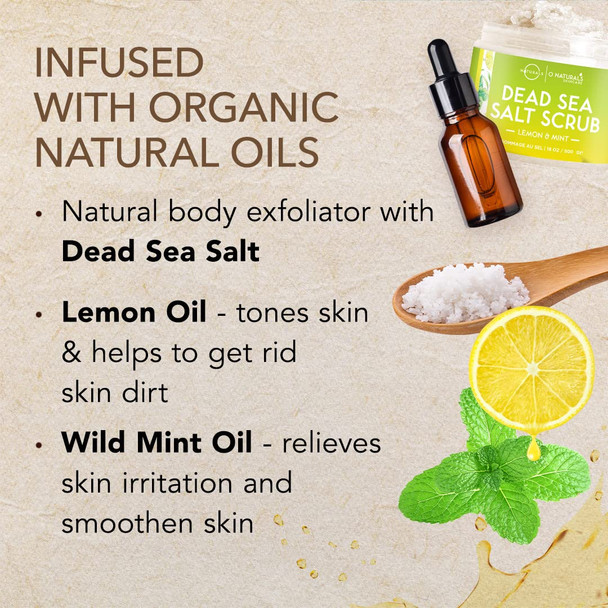 O Naturals Lemon & Mint Dead Sea Salt Scrub. Refreshing All Natural Exfoliator for Face Hands Body & Acne. Smooths Renews & Revives Skin with Argan & Sweet Almond Oil. For Women & Men. 500 gr