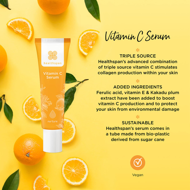 Healthspan Vitamin C Serum (30ml) | Boost Radiance & Smooth Lines & Wrinkles | Triple Source Vitamin C to support collagen formation | With ferulic acid hyaluronic acid and vitamin E | Vegan