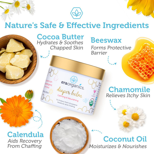 Era Organics Baby Diaper Balm - Usda Organic Ointment Cream Extra Soothing And Nourishing For Dry Sensitive Skin - All Natural To Help Excess Moisture Rash Or Chafing