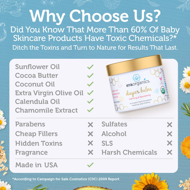 Era Organics Baby Diaper Balm - Usda Organic Ointment Cream Extra Soothing And Nourishing For Dry Sensitive Skin - All Natural To Help Excess Moisture Rash Or Chafing