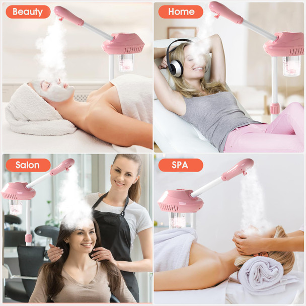 Professional Facial Steamer Face Steam on Wheels Estheticians Steamer with More Steam for Moisturizing and Hydration Adjustable Height and Angle for Spa Beauty Home Use Pink FS-001