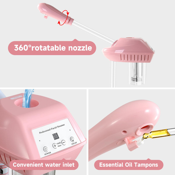 Professional Facial Steamer Face Steam on Wheels Estheticians Steamer with More Steam for Moisturizing and Hydration Adjustable Height and Angle for Spa Beauty Home Use Pink FS-001