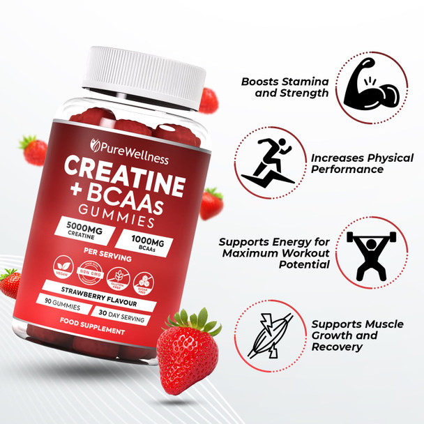 PureWellness Creatine and BCAA Gummies - 5000mg Creatine Monohydrate 1000mg BCAAs per Serving - Chewable Vegan Sugar Free Gummies Strawberry Flavour (1 Month Supply)