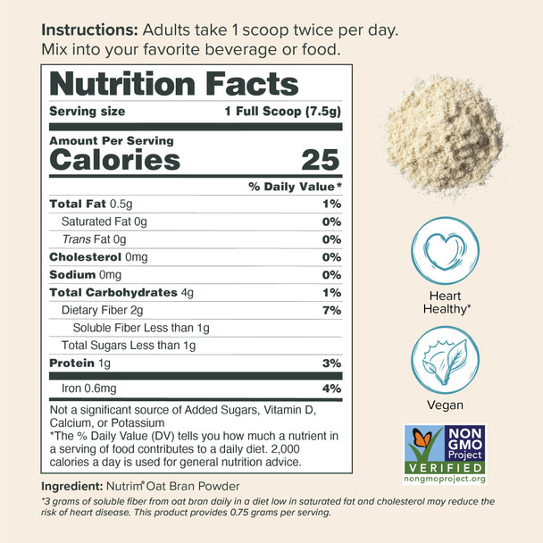 Nutrim Oat Bran Powder with 750mg Beta Glucan per Serving  Easy Mix Soluble Fiber for Cholesterol Management and  Immune Support  Heart Healthy Non GMO and  Vegan Oatmeal Powder