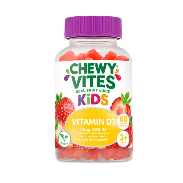 Chewy Vites Kids High Strength Vit D3 60 Kids Vitamin D Gummies 10 mcg 400 IU Vitamin D3 2 Months Supply Vegan Real Fruit Juice Age 3 + Strawberry Flavour
