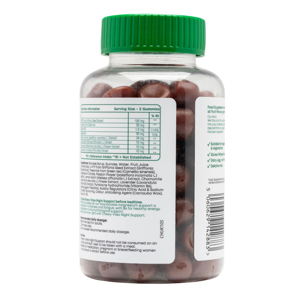 Chewy Vites Adult Night Support 60 Non-Melatonin Gummies with 5-HTP Magnesium Theanine Chamomile Lavender Herbal Night Time Gummies 1 Months Supply Berries Flavour