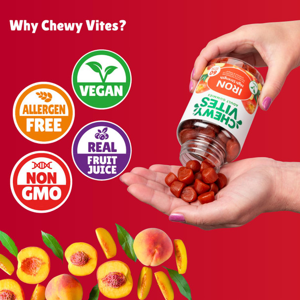 Chewy Vites Adult High Strength Iron 60 Vitamin Gummies 14mg Ferrous Fumerate Iron Gummies with Vitamin C 2 Months Supply Real Fruit Juice Vegan Peach Flavour