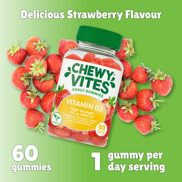 Chewy Vites Adult High Strength Vitamin D3 60 Vitamin D Gummies 25 micrograms 1000 IU 2 Months Supply Vegan Real Fruit Juice Strawberry Flavour