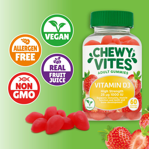 Chewy Vites Adult High Strength Vitamin D3 60 Vitamin D Gummies 25 micrograms 1000 IU 2 Months Supply Vegan Real Fruit Juice Strawberry Flavour