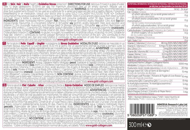 GOLD COLLAGEN Multidose 40+ - Collagen Supplements for Women & Men with Vitamin C & D Hyaluronic Acid Marine Collagen for Hair Skin Nails & Bones Health - Antioxidant Immune System Booster 300ml