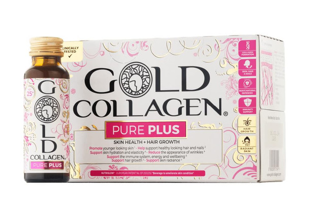 GOLD COLLAGEN New Pure Plus - Collagen Supplements for Women & Men Biotin Hair Growth Skin Nail Hormonal Balance Immune System Booster 8g Marine Collagen Vitamin C Hyaluronic Acid 1 Pack 10x50ml