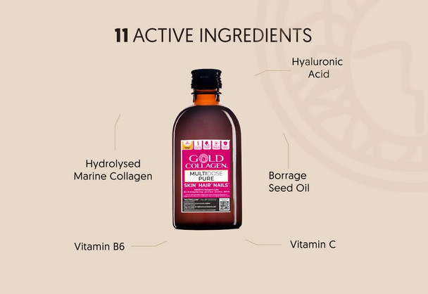 GOLD COLLAGEN Multidose Pure - Collagen upplements for Women & Men with Biotin for Hair Skin Nail - Mood Energy & Immune System Booster with Vitamin C Hyaluronic Acid Marine Collagen Zinc 300 ml