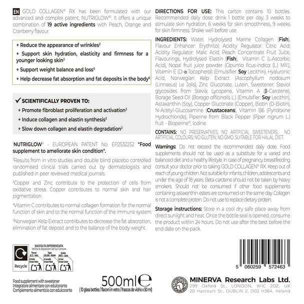 GOLD COLLAGEN RX – Collagen Supplements for Women & Men for Hair Skin Firmess Weight Loss with 12500mg Marine Collagen 100mg Hyaluronic Acid Vitamin C E B6 Biotin Iodine & More 1 Pack 10x50ml