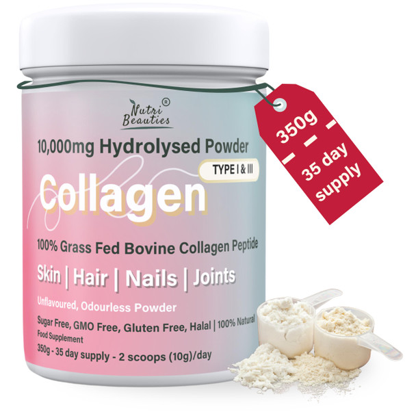 NUTRI BEAUTIES Pure Grass Fed Bovine Collagen Peptides Powder 10,000Mg | 19 Essential Amino Acids | Unflavoured 350g Hydrolyzed Collagen for Women & Men (Type I & III) | 35 Day Supply | Halal | Skin