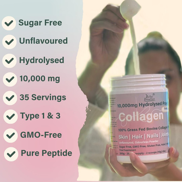 NUTRI BEAUTIES Pure Grass Fed Bovine Collagen Peptides Powder 10,000Mg | 19 Essential Amino Acids | Unflavoured 350g Hydrolyzed Collagen for Women & Men (Type I & III) | 35 Day Supply | Halal | Skin