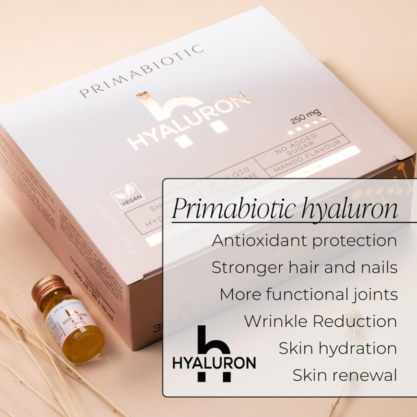 Primabiotic Hyaluronic Acid 250mg - Mango Flavor 30 Shots x30ml | Vegan Deep Hydration Anti-Aging and Skin Elasticity Support - Beauty Drink for Hydration Smoothness and Firmness