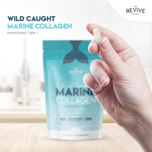 Revive Naturals Marine Collagen Capsules 2400mg - with Hyaluronic Acid & Vitamin C - 90 Capsules - Premium Complex for Skin Joints & Hair for Women & Men – Resealable and Recyclable Pouch by Alpha01