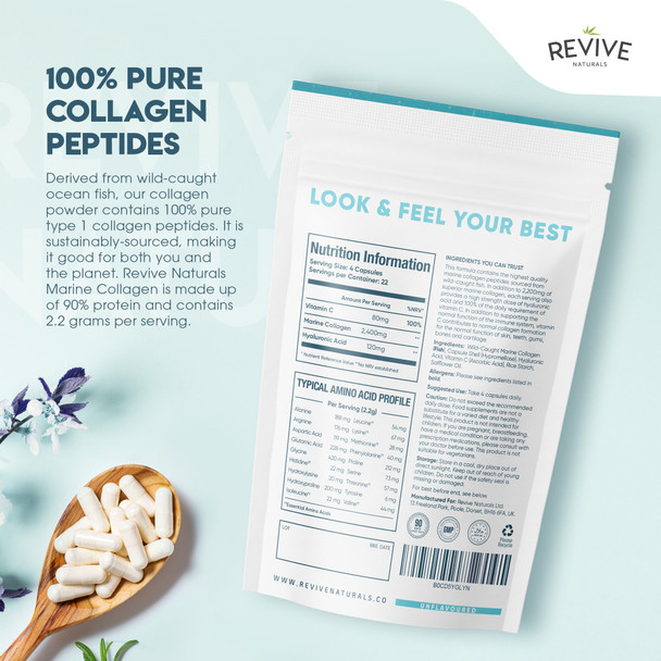 Revive Naturals Marine Collagen Capsules 2400mg - with Hyaluronic Acid & Vitamin C - 90 Capsules - Premium Complex for Skin Joints & Hair for Women & Men – Resealable and Recyclable Pouch by Alpha01