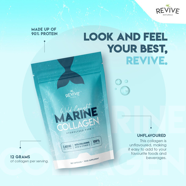 Revive Naturals Marine Collagen Capsules 2400mg with Hyaluronic Acid & Vitamin C – 180 Capsules – High Strength Collagen Supplements for Women & Men – Premium Complex for Skin Joints Hair – by Revive Naturals