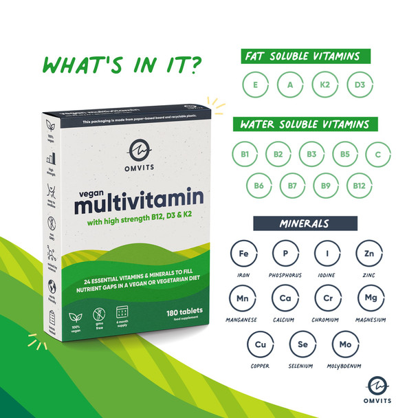 Omvits Vegan Multivitamins & Minerals - with High Strength Vitamin B12 D3 K2 & Iron - 180 Tablets in Low Waste Packaging - 6 Month Supply - Advanced Supplement for Men & Women - Palm Oil & GMO Free