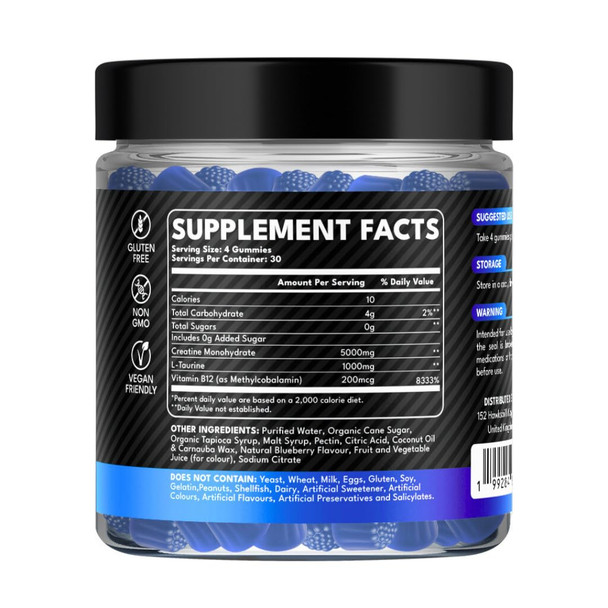 GummiJoy | Creatine Gummies 5000mg | 120 Max Strength Muscle Growth | Recovery Supplements for Men & Women | Creatine Monohydrate Plus B12 and L-Taurine | Blueberry Flavour | 1 Month Supply