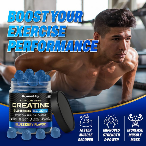 GummiJoy | Creatine Gummies 5000mg | 120 Max Strength Muscle Growth | Recovery Supplements for Men & Women | Creatine Monohydrate Plus B12 and L-Taurine | Blueberry Flavour | 1 Month Supply