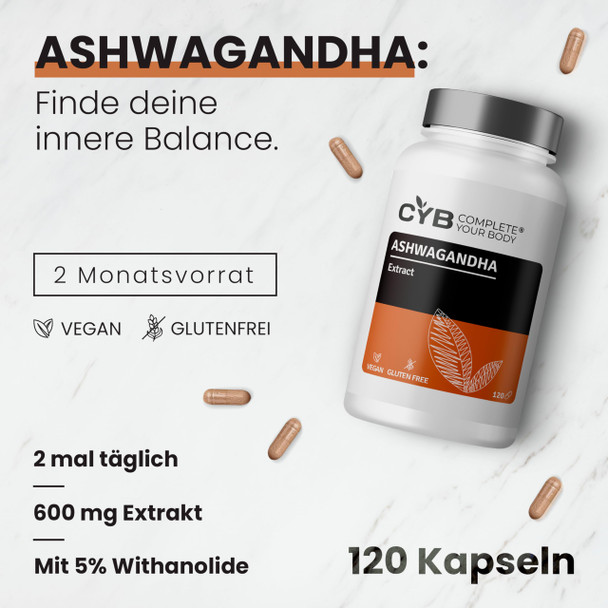 CYB Complete your Body | Ashwagandha Capsules High Dose - 5% Withanolides 600mg - with Magnesium Glycinate Vitamin B6 and Zinc - 120 Capsules 2 Month Supply - Vegan - Laboratory Tested