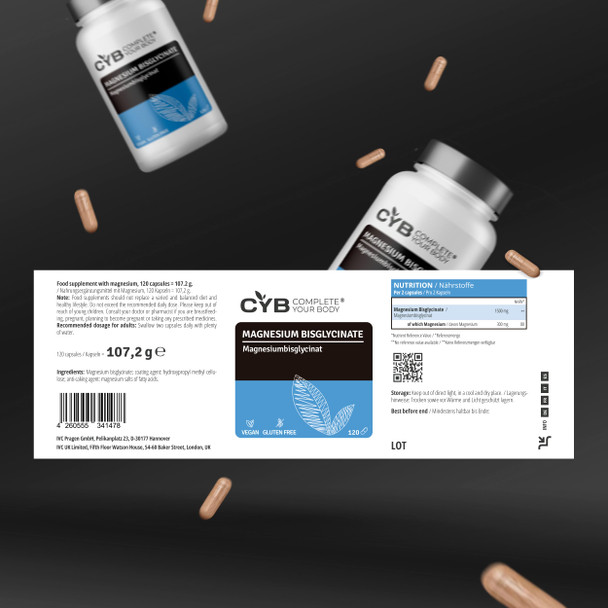 CYB Complete your Body Magnesium Glycinate High Strength - 300mg Elemental Magnesium Per Daily Dose - 120 Vegan Capsules - Laboratory Tested