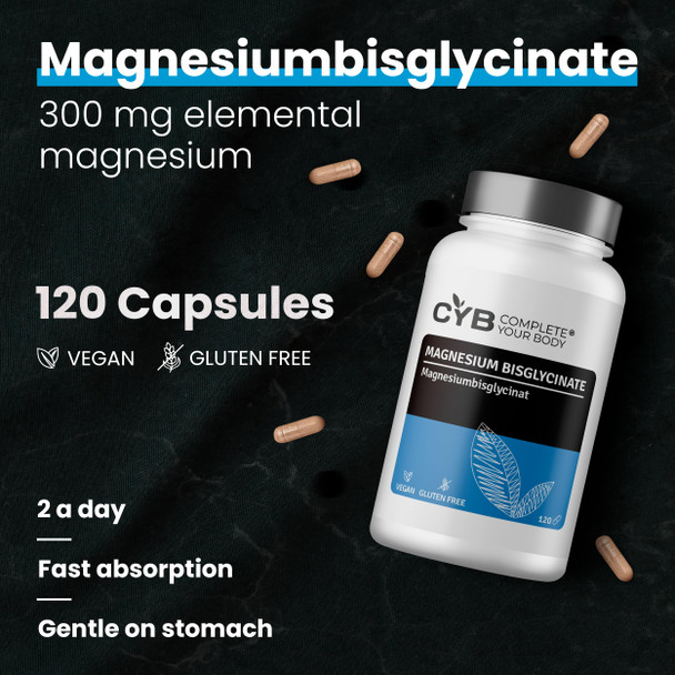 CYB Complete your Body Magnesium Glycinate High Strength - 300mg Elemental Magnesium Per Daily Dose - 120 Vegan Capsules - Laboratory Tested