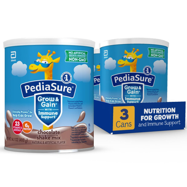 PediaSure Grow & Gain with Immune Support Shake Mix Powder 23 Vitamins & Minerals 6g Protein Non-GMO Gluten-Free Chocolate 14.1 oz Can Pack of 3-24 servings