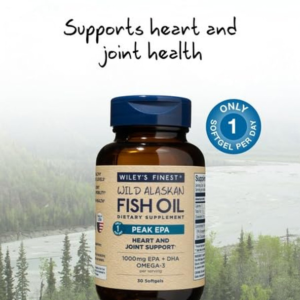 Wiley's Finest Wild Alaskan Fish Oil Peak EPA - Triple Strength Peak EPA & DHA Supplement - 1000mg Fish Oil - Omega-3s for Joint Health Support - 30 Softgels (30 Servings)