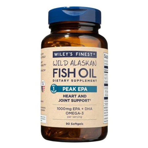 Wiley's Finest Wild Alaskan Fish Oil Peak EPA - Triple Strength Peak EPA & DHA Supplement - 1000mg Fish Oil - Omega-3s for Joint Health Support - 90 Softgels (90 Servings)