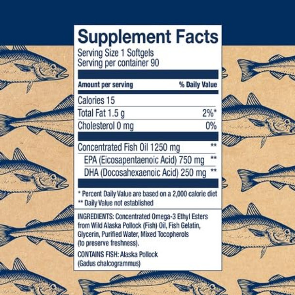 Wiley's Finest Wild Alaskan Fish Oil Peak EPA - Triple Strength Peak EPA & DHA Supplement - 1000mg Fish Oil - Omega-3s for Joint Health Support - 90 Softgels (90 Servings)