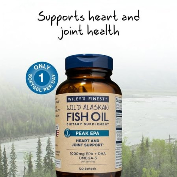 Wiley's Finest Wild Alaskan Fish Oil Peak EPA - Triple Strength Peak EPA & DHA Supplement - 1000mg Fish Oil - Omega-3s for Joint Health Support - 120 Softgels (120 Servings)
