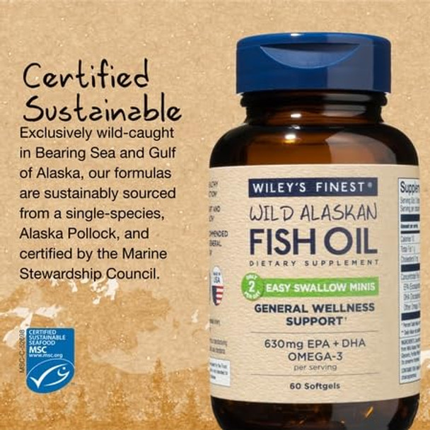 Wiley's Finest Wild Alaskan Fish Oil Easy Swallow Minis - Omega-3 Fish Oil Supplement for Adults and Kids - Double-Strength 630mg EPA and DHA Natural Supplement - 60 Mini Softgels (30 Servings)