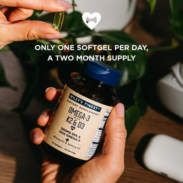 Wiley's Finest Wild Alaskan Fish Oil Vitamin K2 & D3 Softgels - 500mg of EPA and DHA Omega-3s for Bone and Heart Health Support - 60 Softgels (60 Servings)