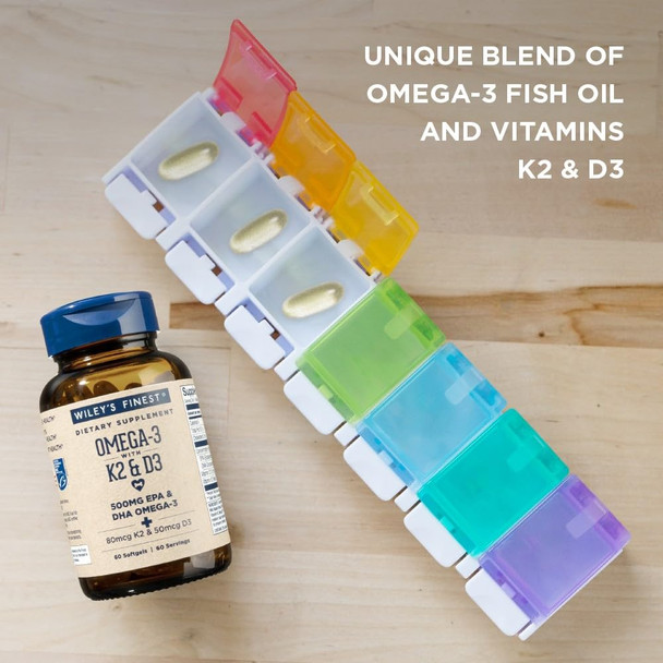 Wiley's Finest Wild Alaskan Fish Oil Vitamin K2 & D3 Softgels - 500mg of EPA and DHA Omega-3s for Bone and Heart Health Support - 60 Softgels (60 Servings)