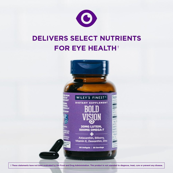 Wiley's Finest Wild Alaskan Fish Oil Bold Vision - Fish Oil Eye Health Supplement with Lutein Zeaxanthin Bilberry Omega-7 Vitamin E and Zinc - 60 Softgels (30 Servings)