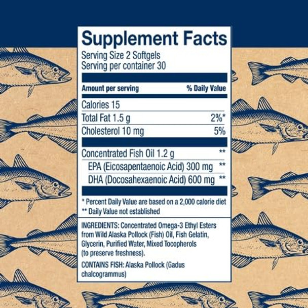 Wiley's Finest Wild Alaskan Fish Oil Prenatal DHA - 900mg EPA and DHA Omega-3s for Pregnant Women and Nursing Mothers - 60 Softgels (30 Prenatal Vitamin Servings)