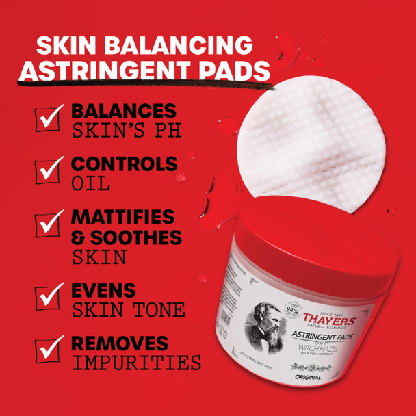 THAYERS Original Witch Hazel Astringent Pads with Aloe Vera Formula 60 Count