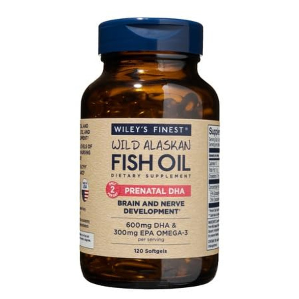 Wiley's Finest Wild Alaskan Fish Oil Prenatal DHA - 900mg EPA and DHA Omega-3s for Pregnant Women and Nursing Mothers - 120 Softgels (60 Prenatal Vitamin Servings)