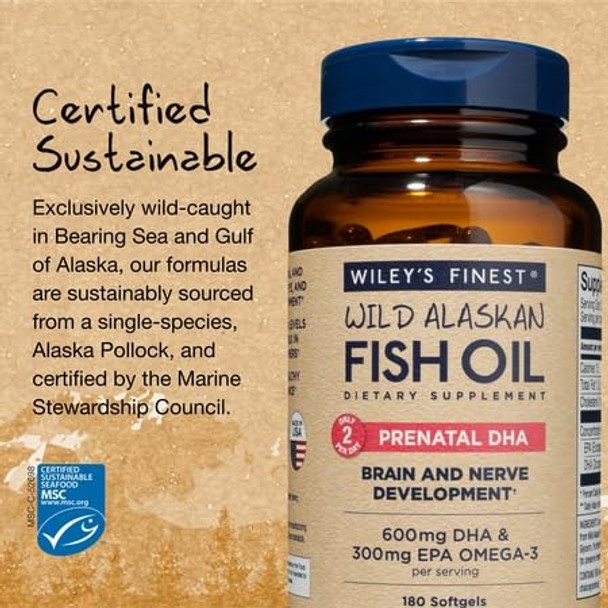 Wiley's Finest Wild Alaskan Fish Oil Prenatal DHA - 900mg EPA and DHA Omega-3s for Pregnant Women and Nursing Mothers - 180 Softgels (90 Prenatal Vitamin Servings)