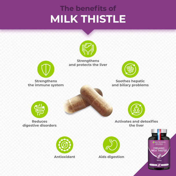 Laboratoires Nutrimea Organic Milk Thistle - Pure Seed Powder Excipient Free - Triple Action Liver Supplement: Detoxify Protect & Strengthen - 120 Vegan Capsules - High Strengh - French Expertise - Nutrimea