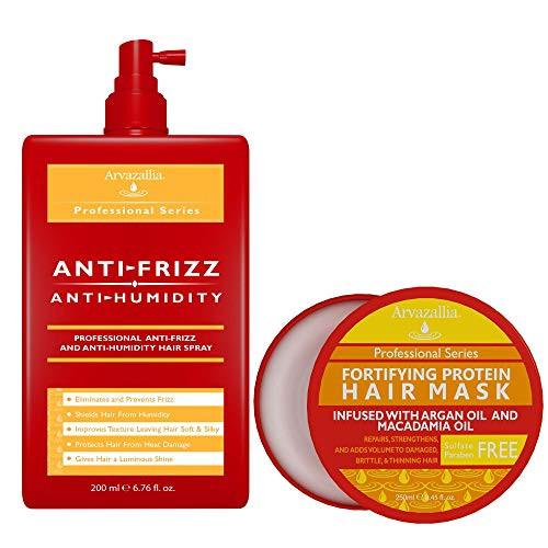 Arvazallia Fortifying Protein Hair Mask And Anti-Frizz Anti-Humidity Spray Treatment Bundle - Professional Frizz Control And Deep Conditioning For Soft, Gorgeous, Frizz- Hair