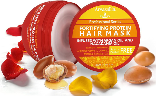 Arvazallia Fortifying Protein Hair Mask And Deep Conditioner With Argan Oil And Macadamia Oil Hair Repair Treatment For Damaged, Brittle, Or Thinning Hair - Promotes Natural Hair Growth