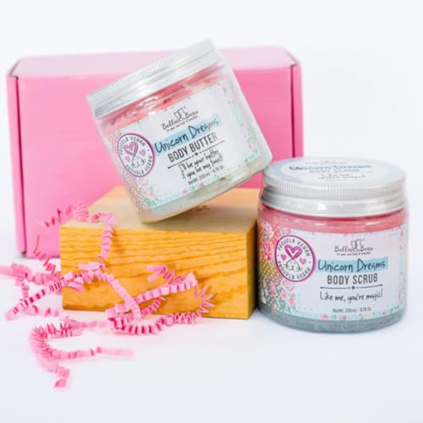 Bella & Bear Unicorn Dreams  Set - 3-In-1 Body Scrub & Goddess Body Butter In Glossy Pink Box - Vegan, Cruelty-, Mango-Pineapple-Vanilla Scent